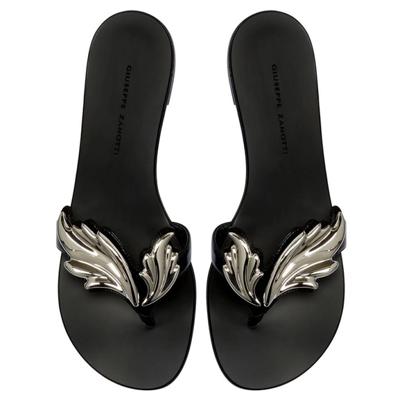 Giuseppe Zanotti Black Silver Cruel Wing flat thong sandals EU 37.5 - Picture 1 of 8